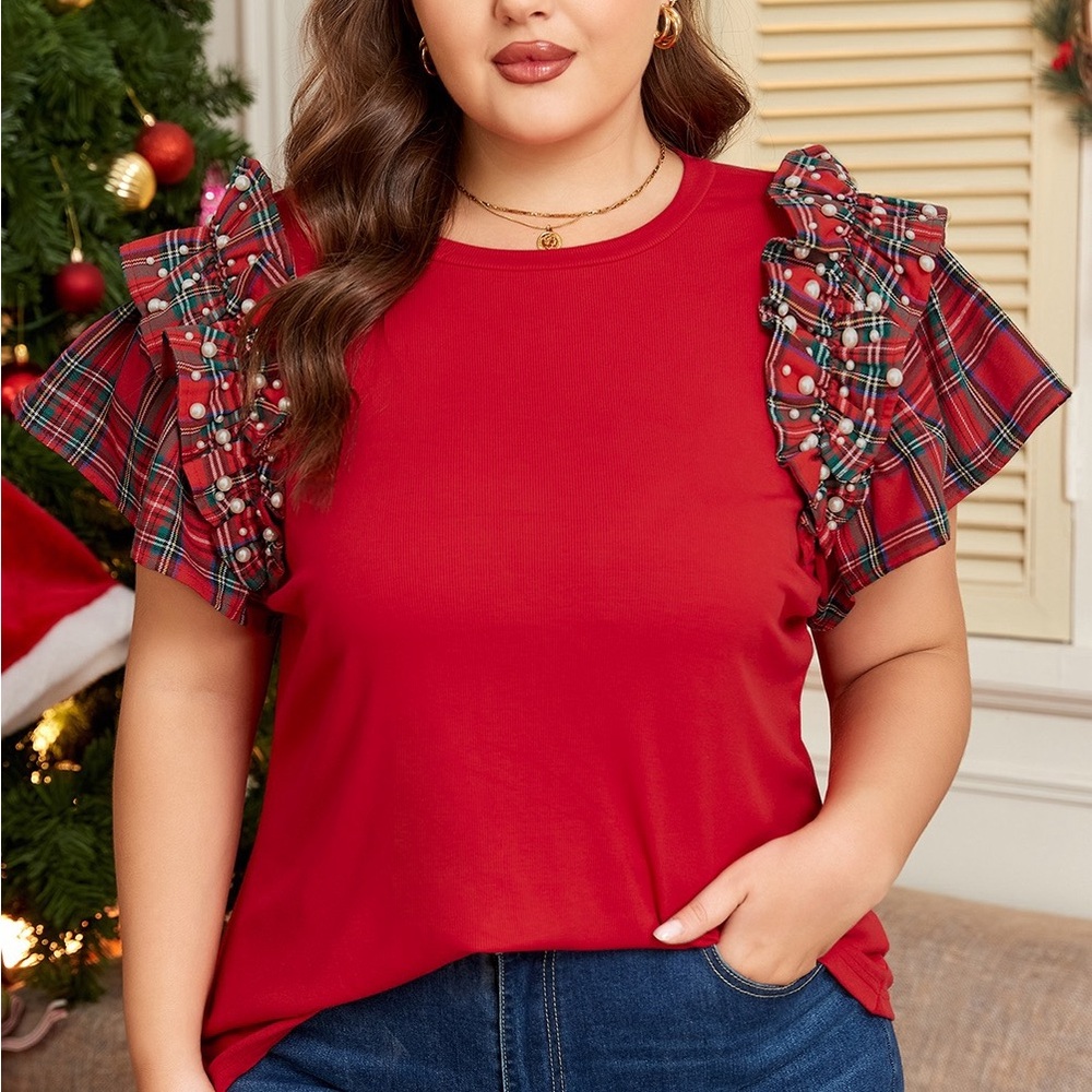 Red Plaid Ruffle Sleeve Top